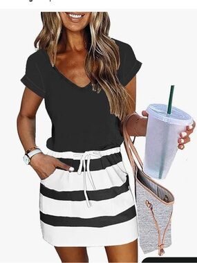 Black & White Striped Drawstring Mini Skirt - Women's Casual Summer Skirt